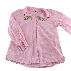 Quacker Factory Womens Floral Embroidered Button-Down Pink & White Striped Shirt